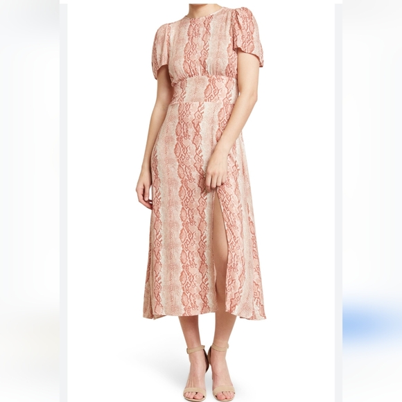 AFRM Jamie Snakeskin Print Cut out Open Back Short Flutter Sleeve Midi Dress - Picture 2 of 9